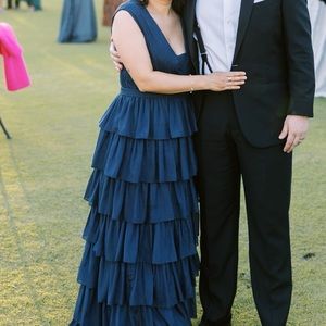 Evening Gown - Sparkly ruffle layered maxi, ruched bodice and plunging neckline.